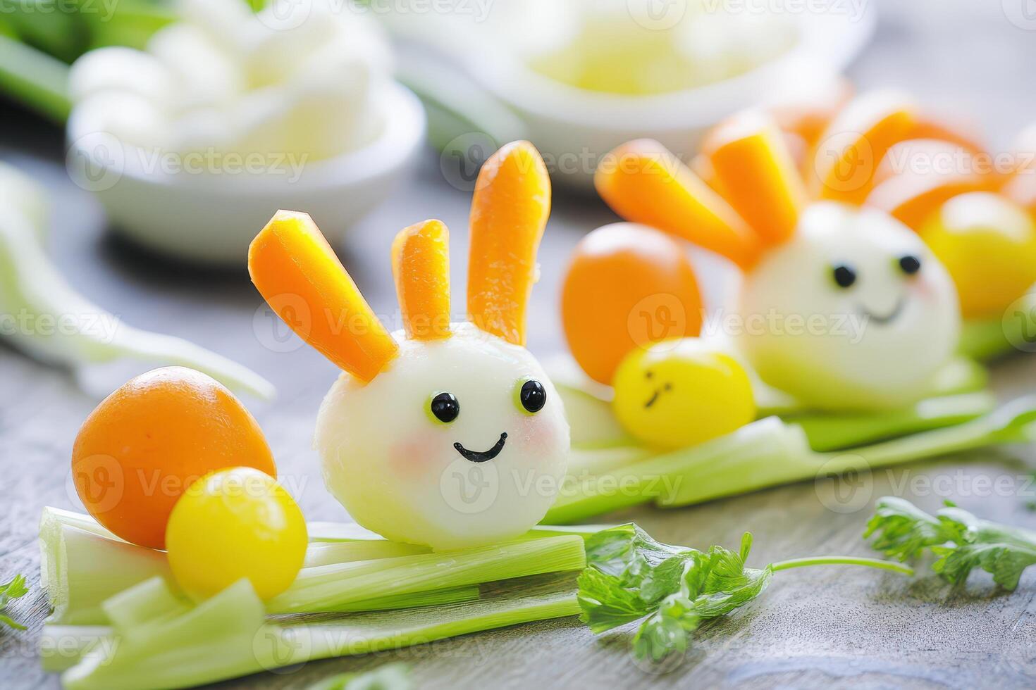 A group of carrots and eggs with faces photo