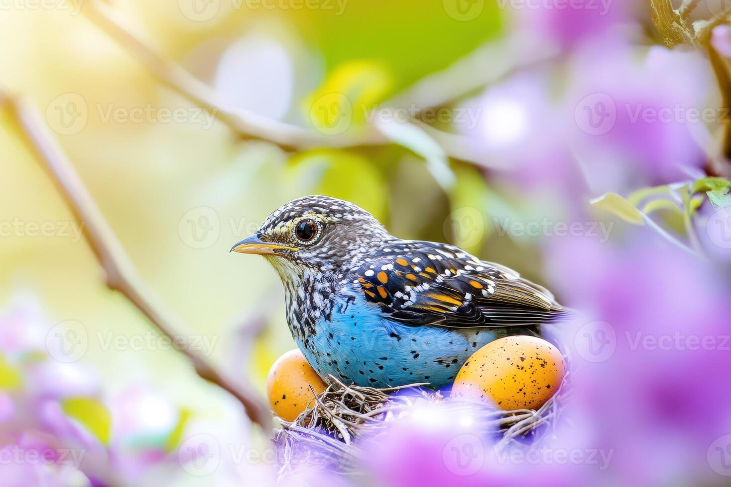 A blue bird sits on top of a nest with eggs photo