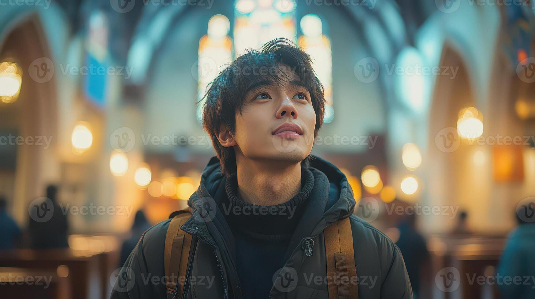 A man in a church looking up at the sky photo