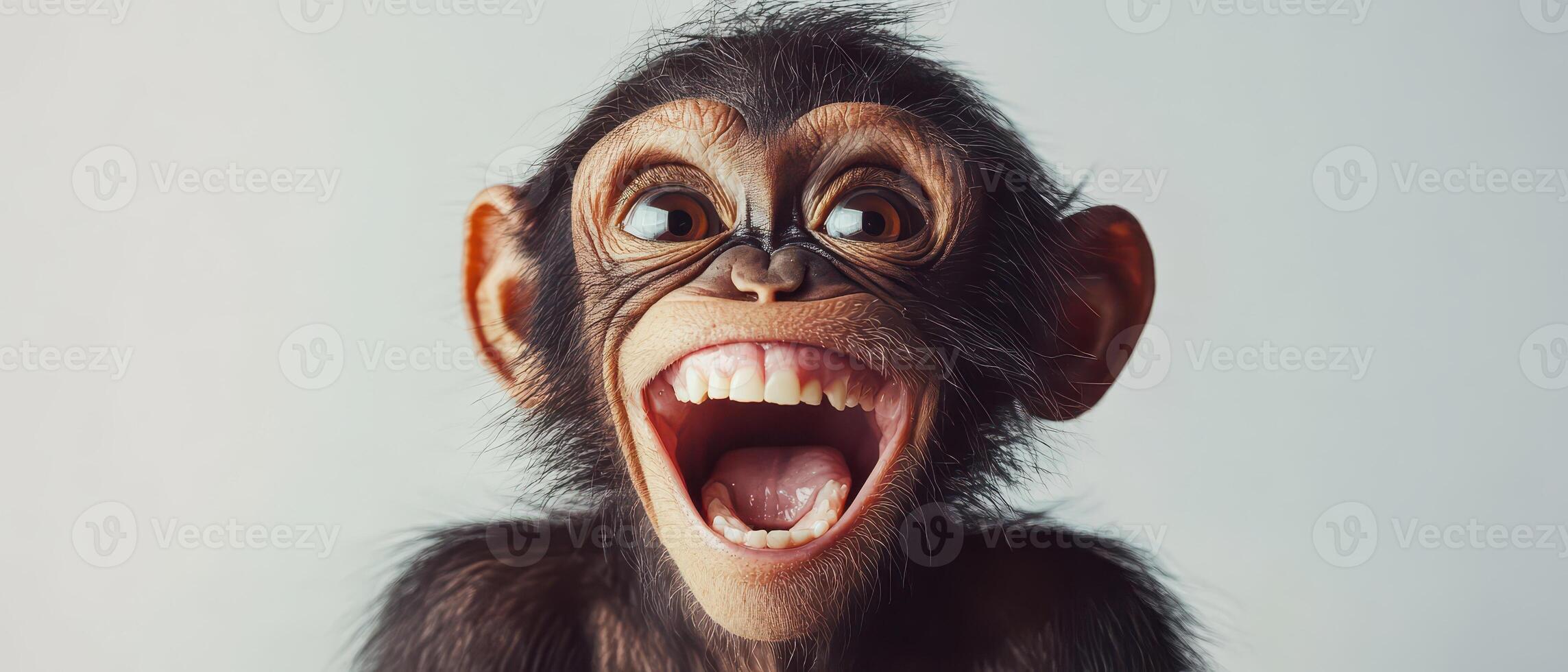 A chimpanzee with its mouth open and its teeth showing photo