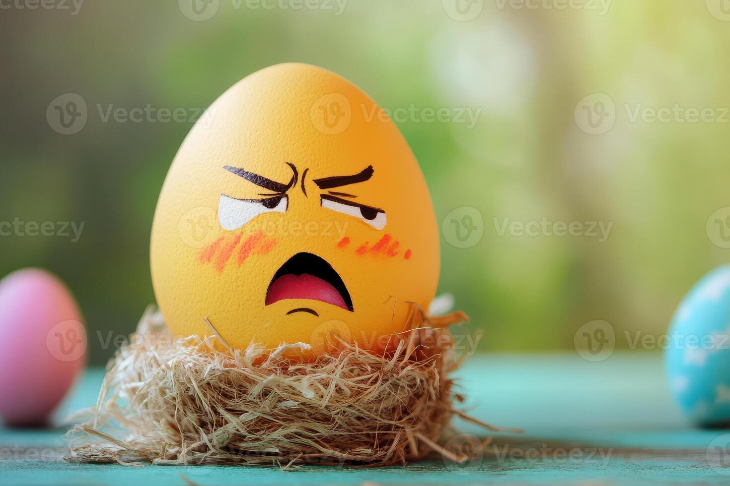 An angry egg sitting in a nest with other eggs photo