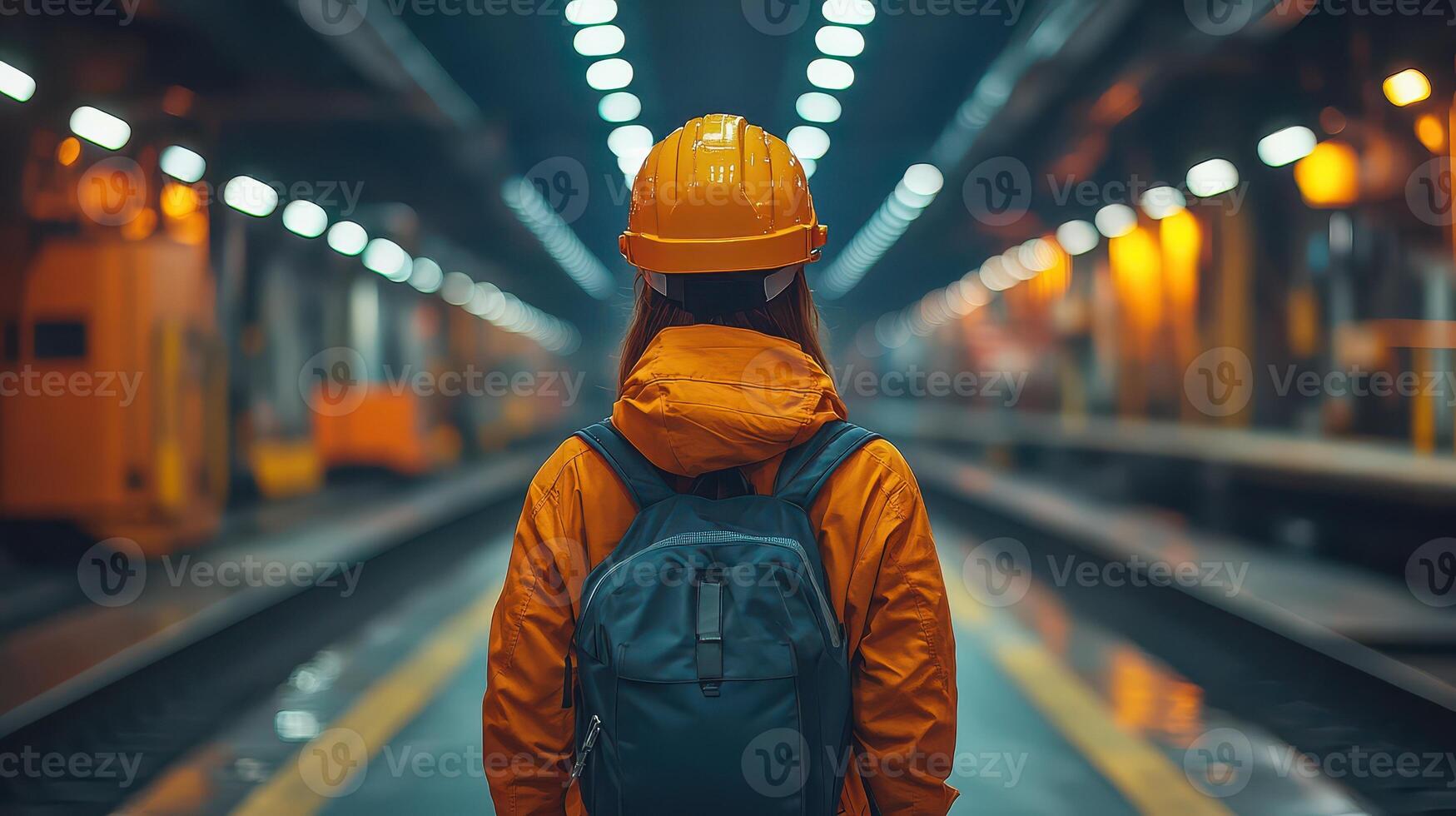 A woman wearing an orange jacket and a hard hat stands in front of a train photo