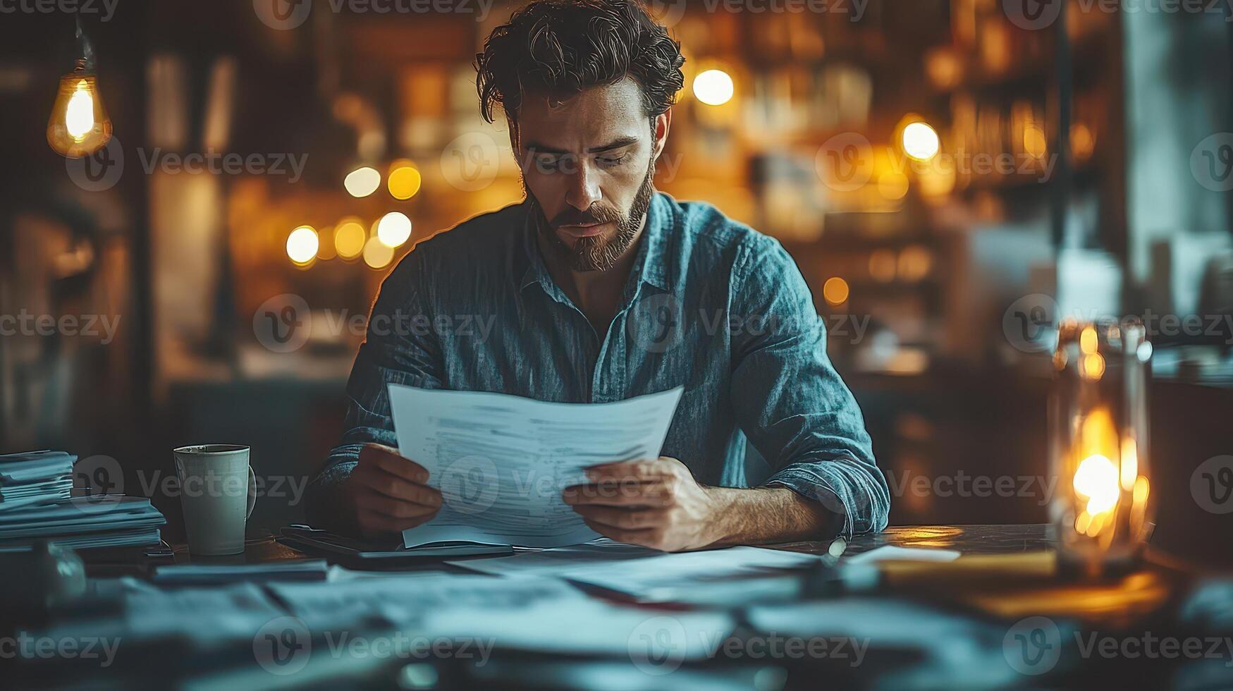 Man reading a document at a desk photo
