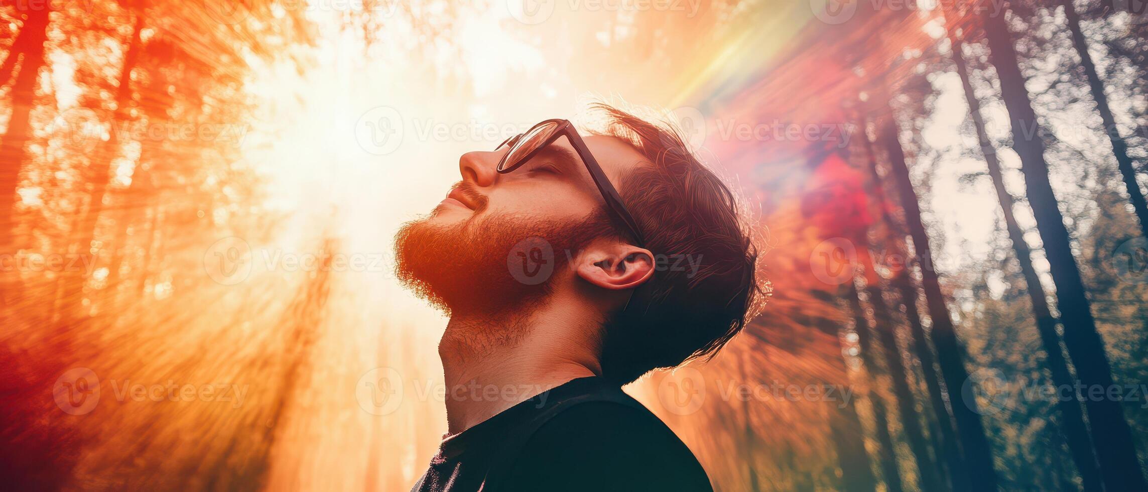 A man with glasses looking up at the sun photo