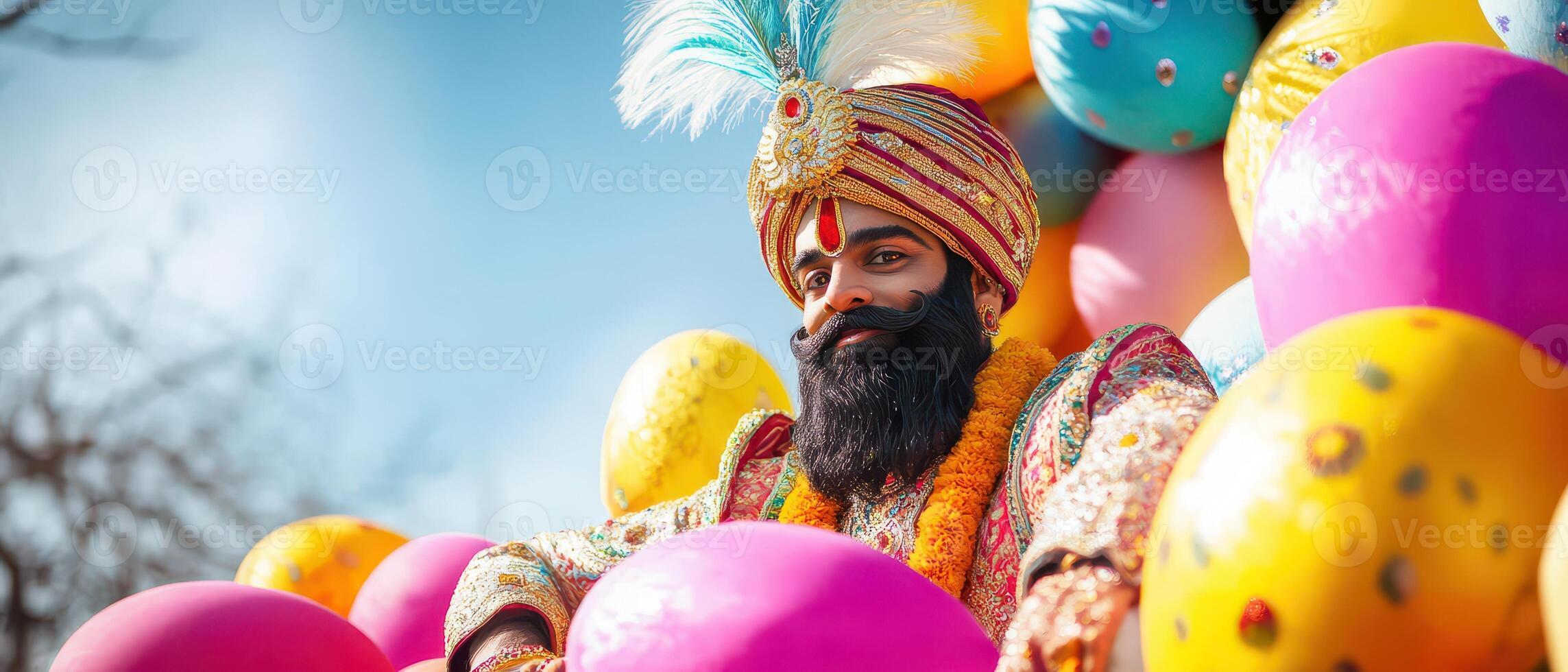 A man with a turban and a beard sitting on a bunch of colorful balloons photo