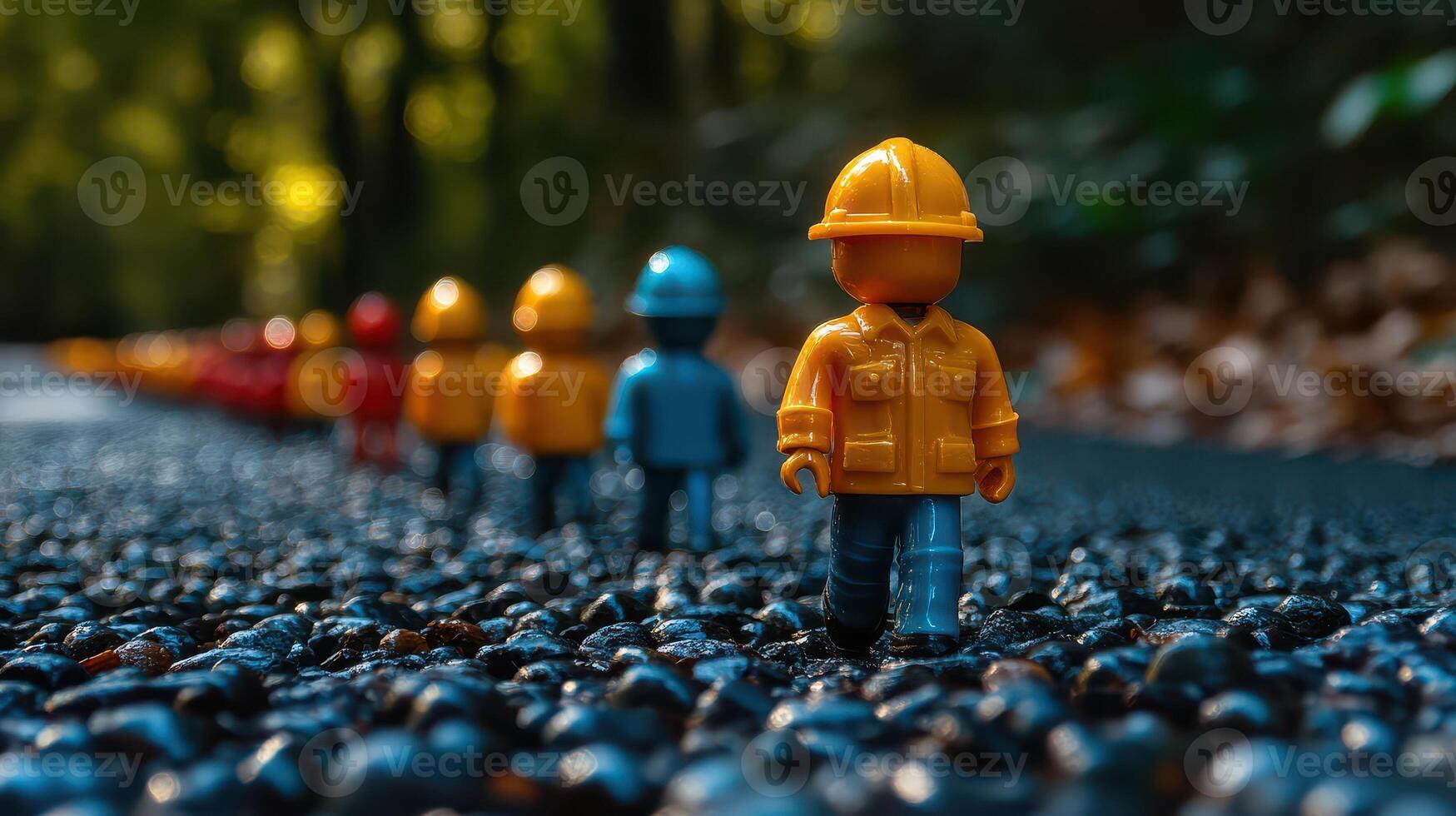 A group of toy people in yellow hard hats are walking on a road photo