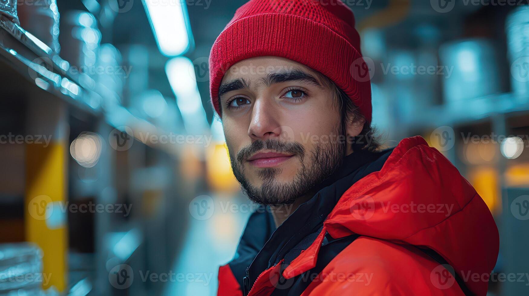 A man in a red hat and jacket standing in a warehouse photo