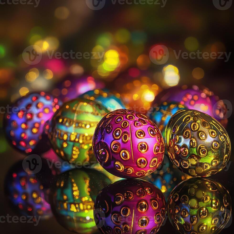 Colorful eggs on a black background with bokeh photo