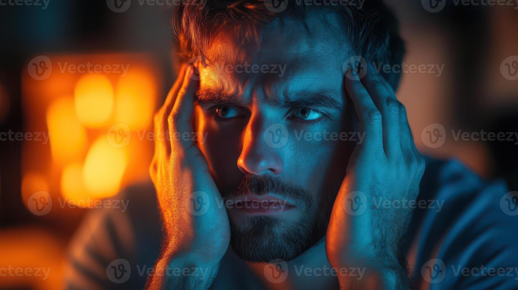 A man is looking at the camera with his hands on his head photo