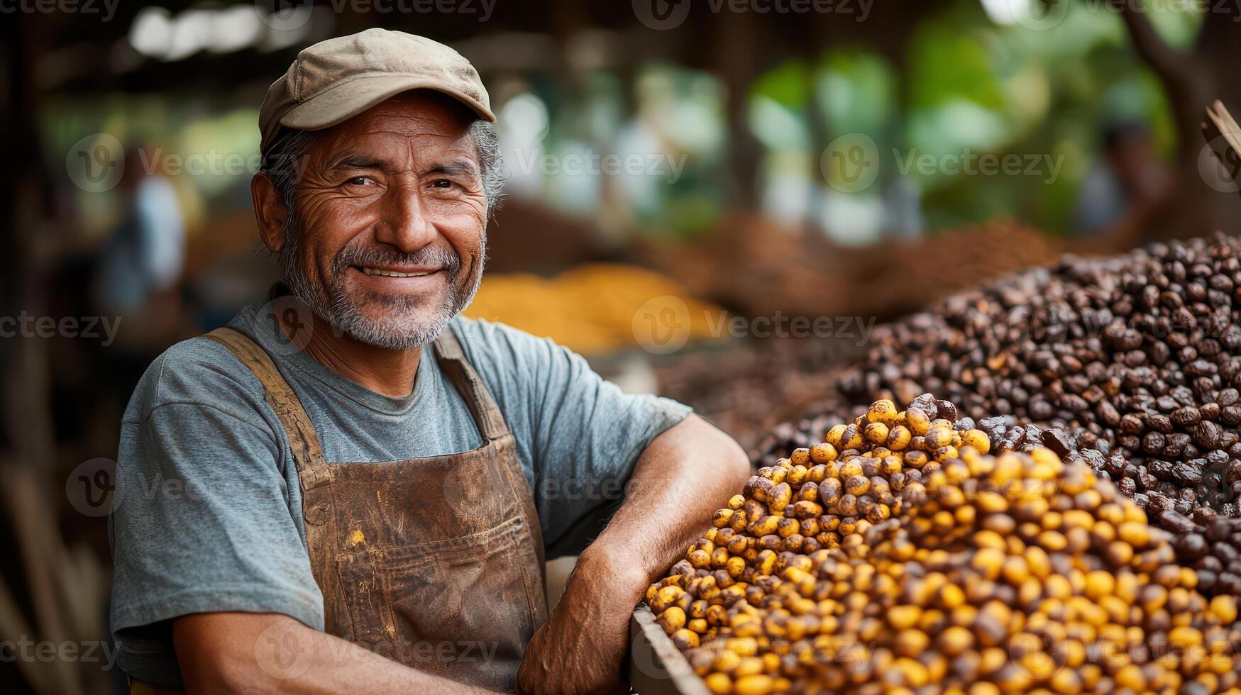 A man smiles while standing in front of a pile of coffee beans photo