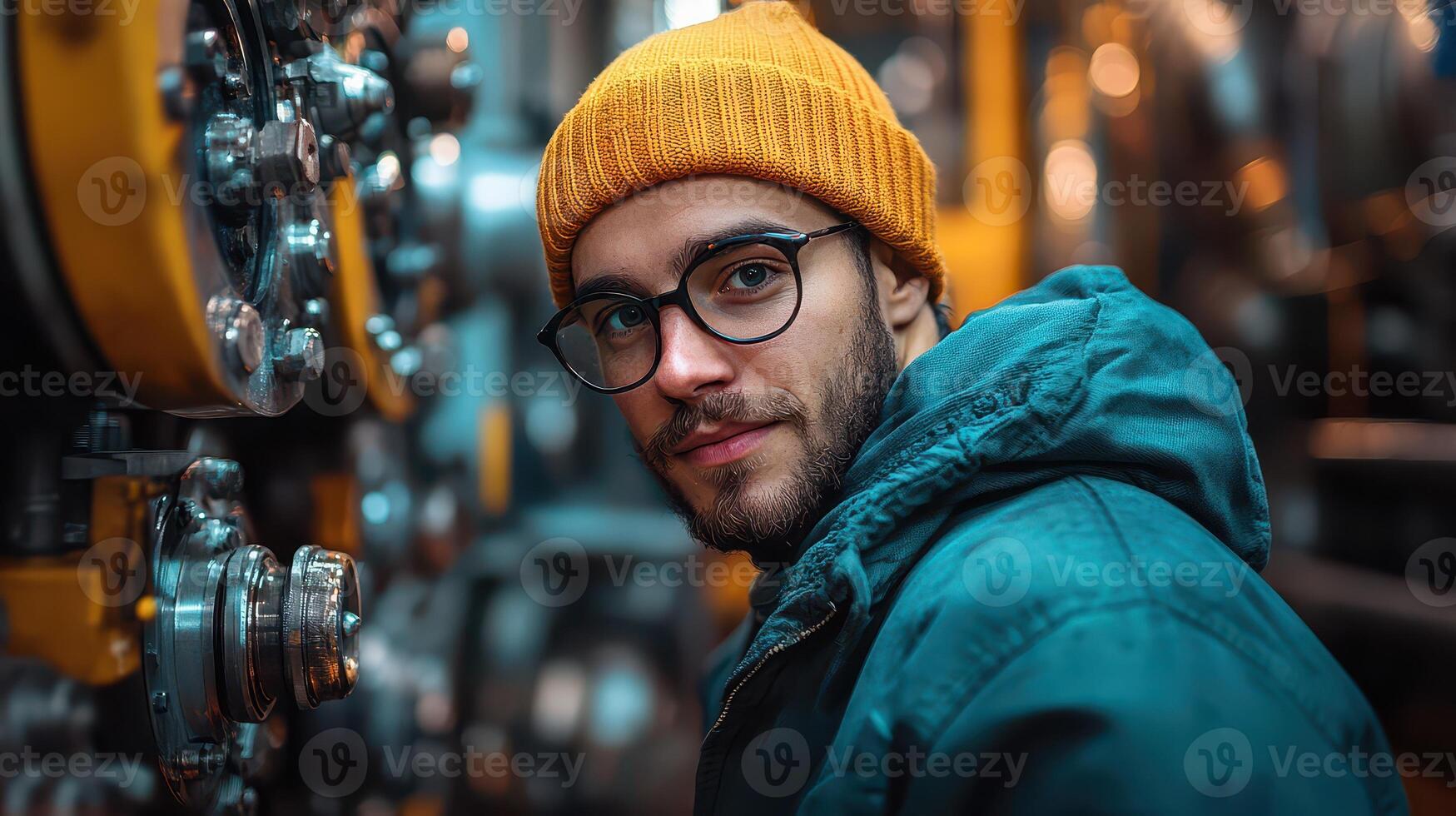 A man in a yellow hat and glasses standing in front of a machine photo