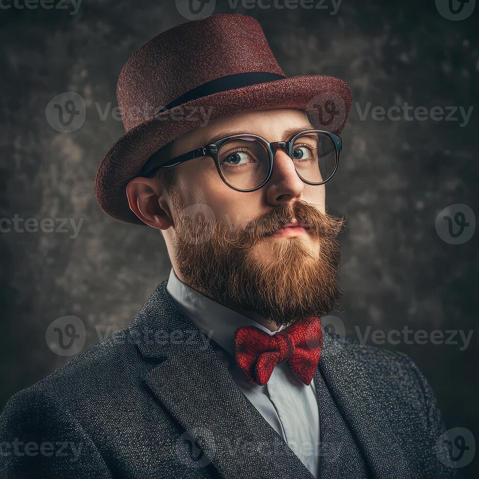 A man with a beard and glasses wearing a hat and bow tie photo