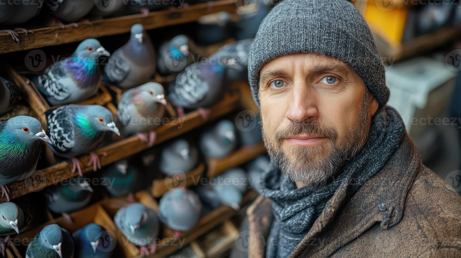 A man is standing in front of a bunch of pigeons photo