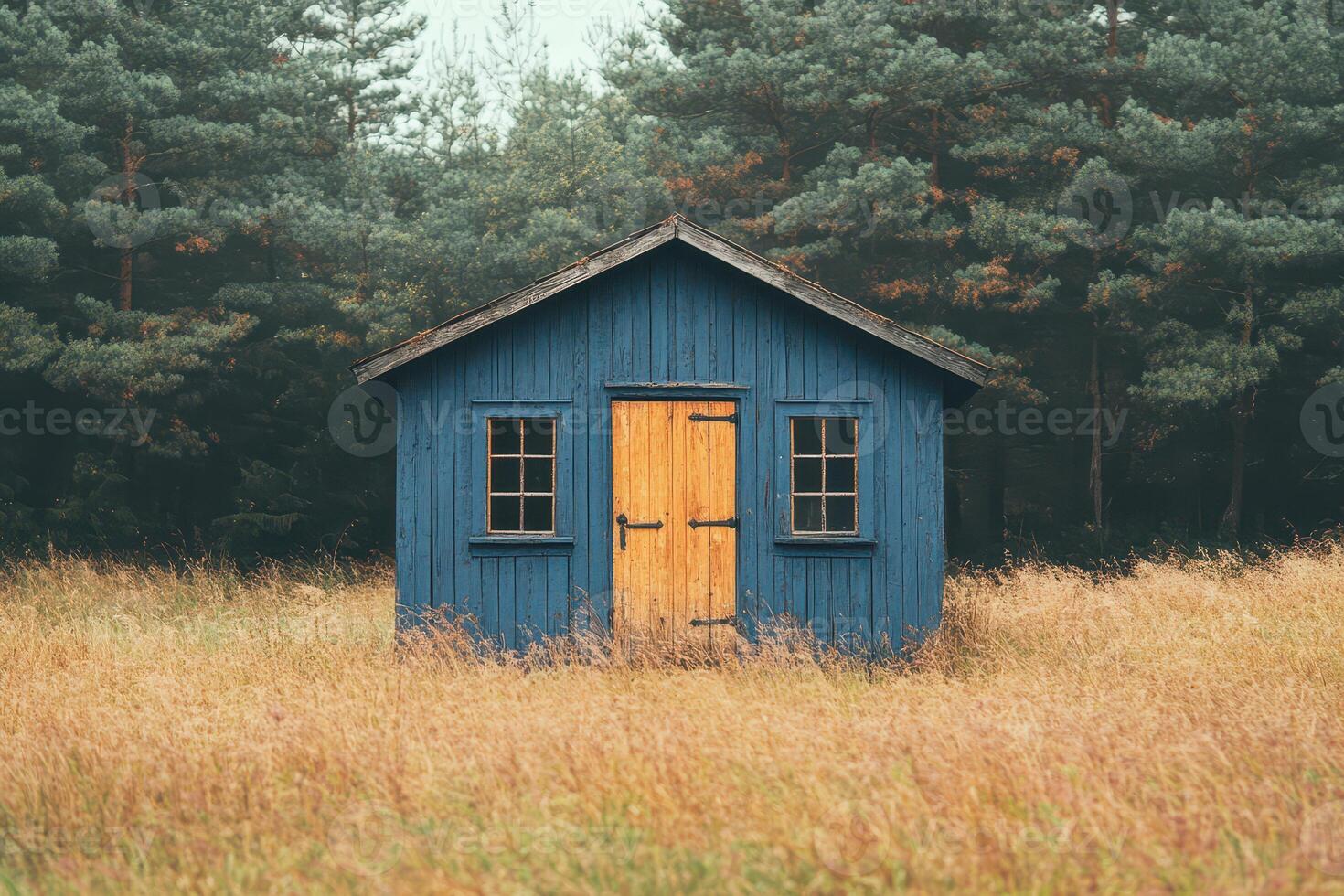 A blue shed sits in a field with trees in the background photo