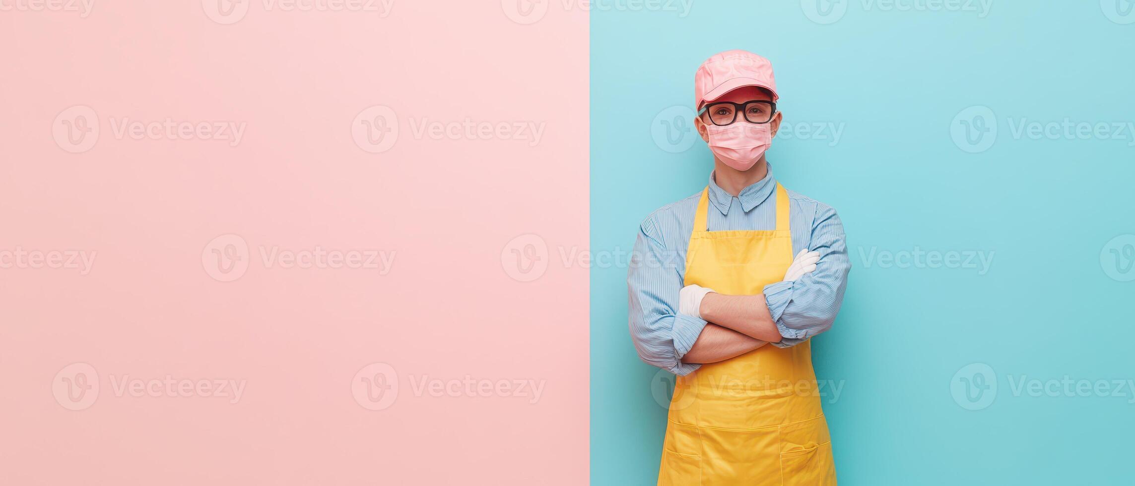 A man in a yellow apron and mask standing in front of a pink and blue wall photo