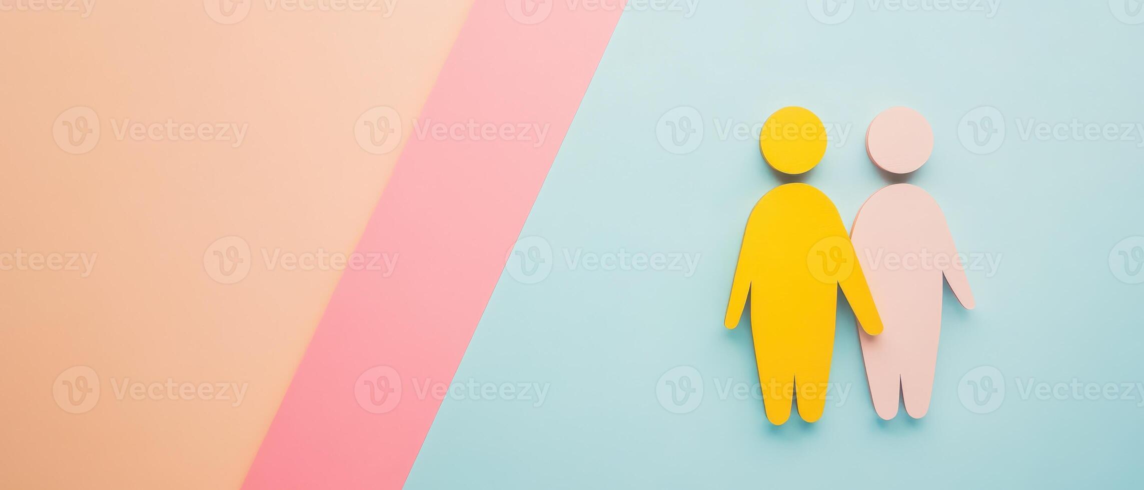 A colorful background with a paper cutout of a man and woman photo
