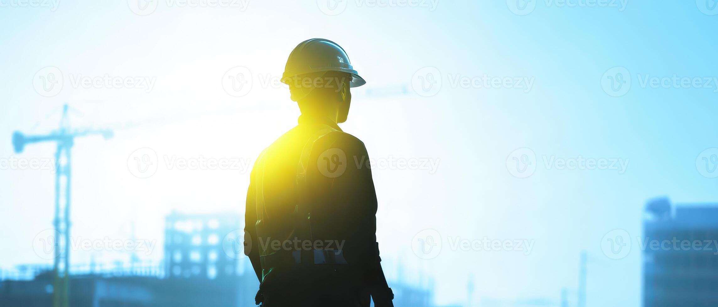A silhouette of a man in a hard hat standing in front of a construction site photo