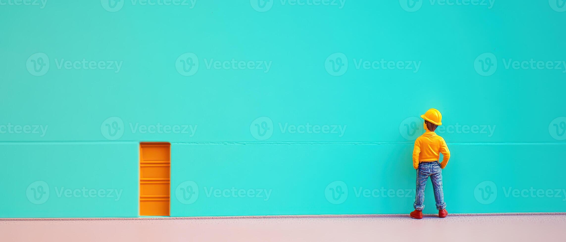A person standing in front of a blue wall photo