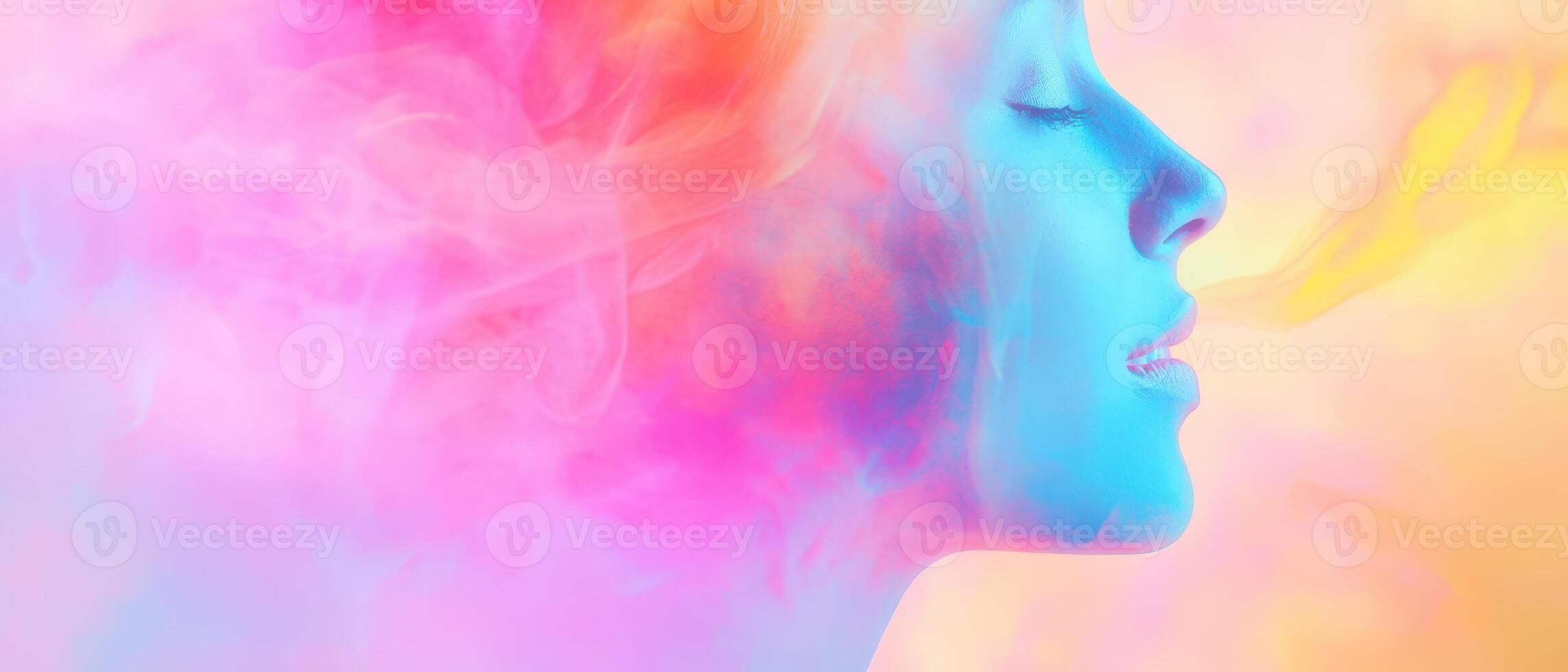 A woman with colorful smoke coming out of her mouth photo