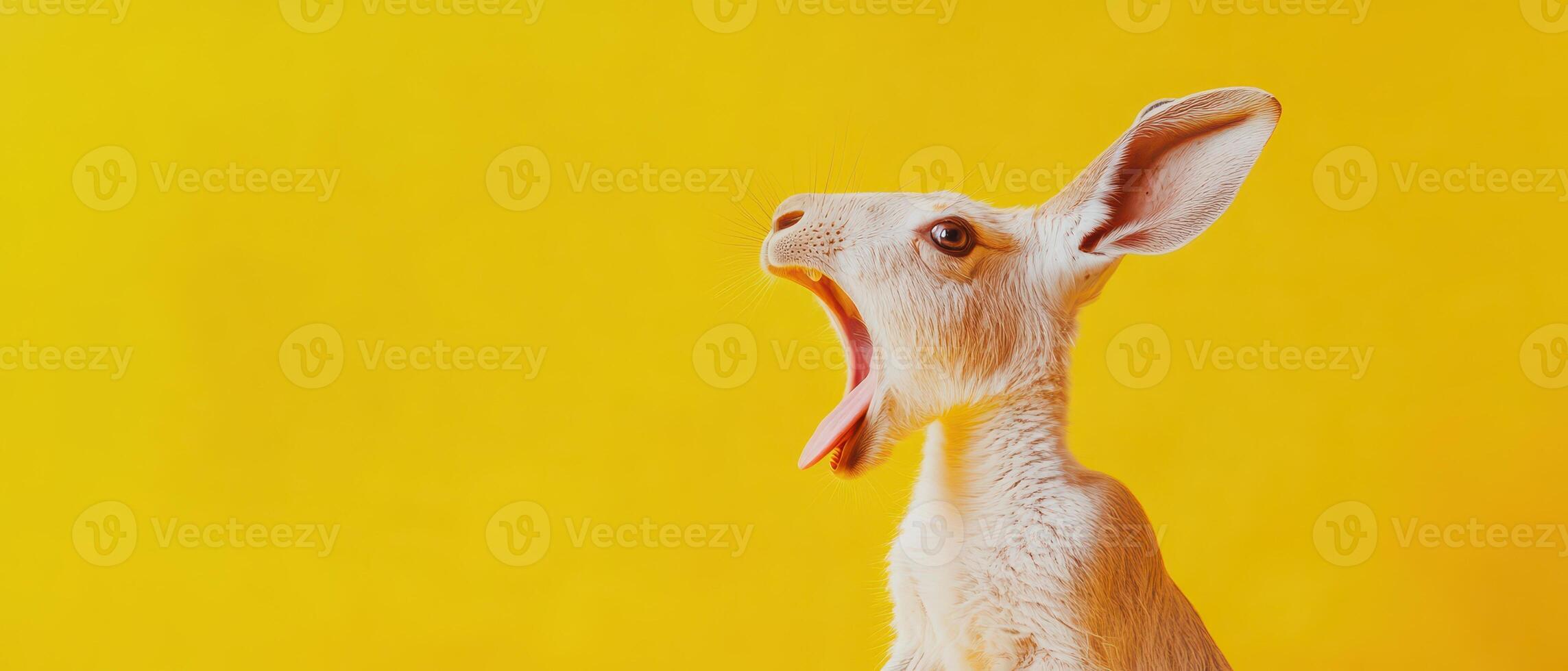 A small white rabbit with its mouth open on a yellow background photo