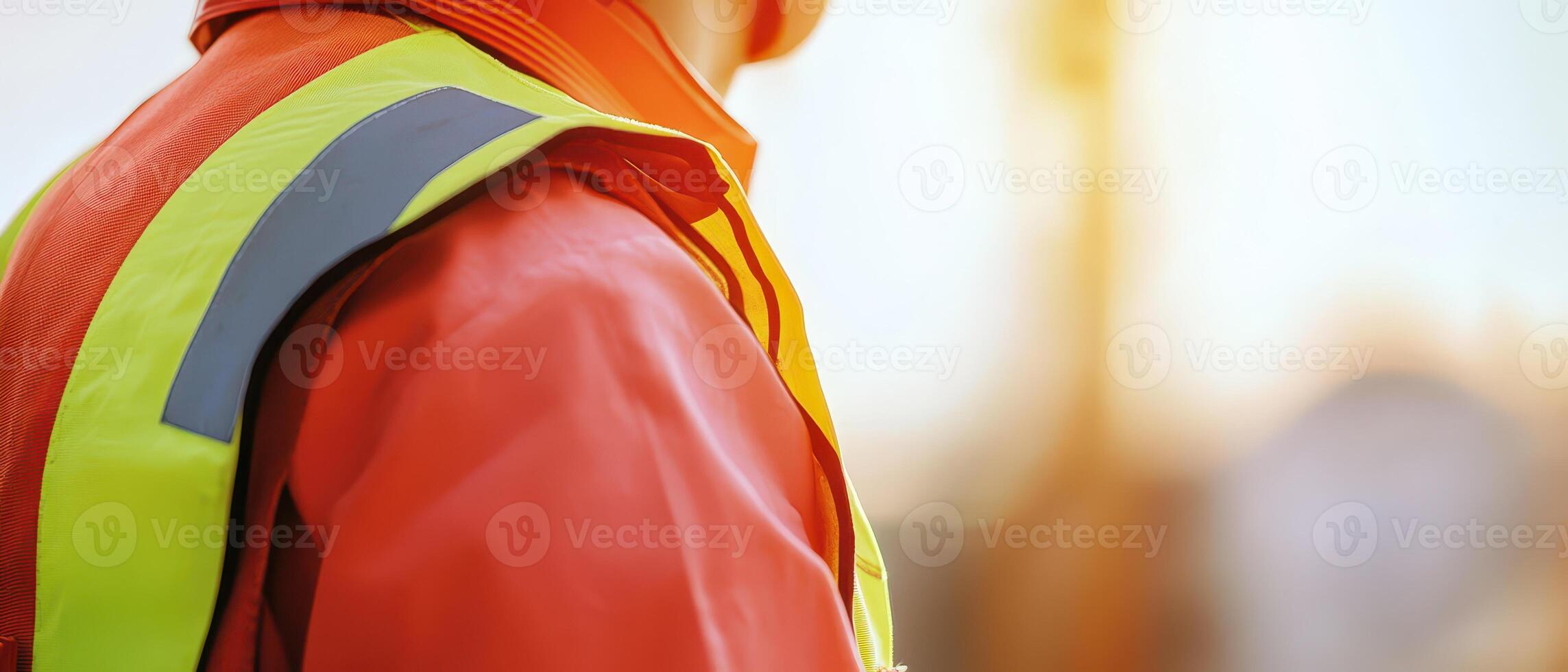 A close up of a person in an orange vest photo