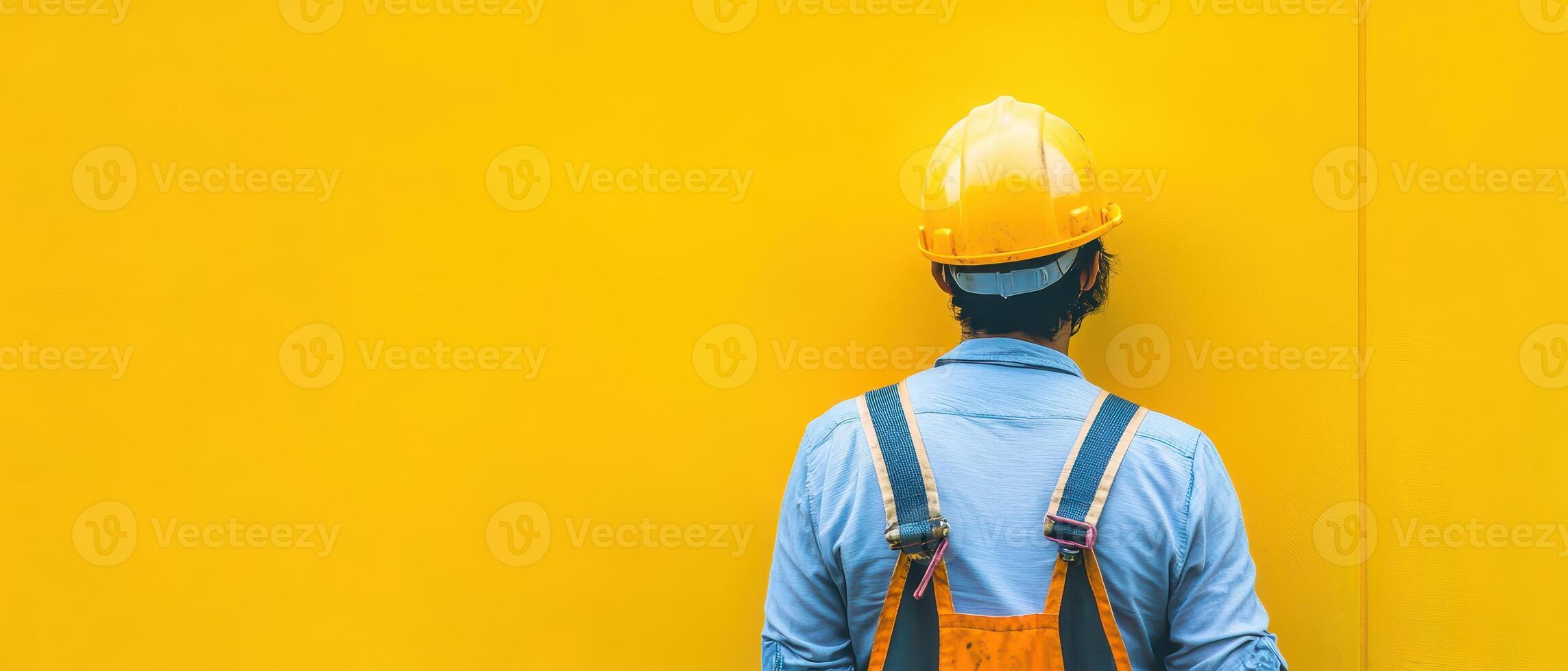 A man in overalls and a hard hat standing in front of a yellow wall photo