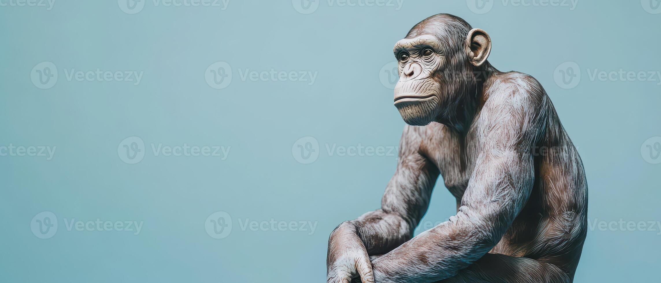A chimpanzee sitting on a blue background photo