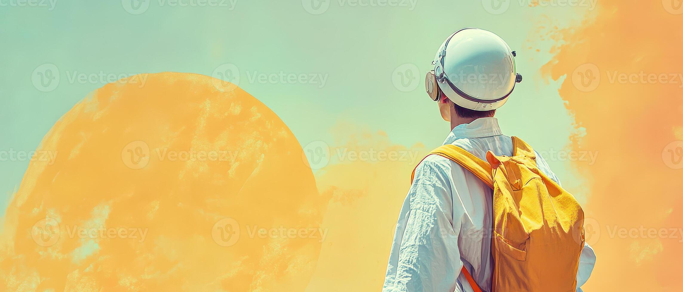 A man wearing a white helmet and a backpack is walking in front of an orange sky photo
