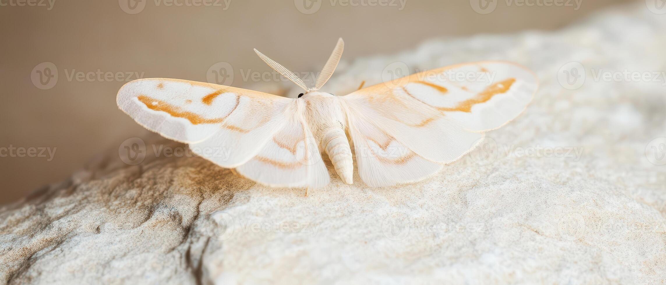 A white moth with yellow wings sitting on a rock photo