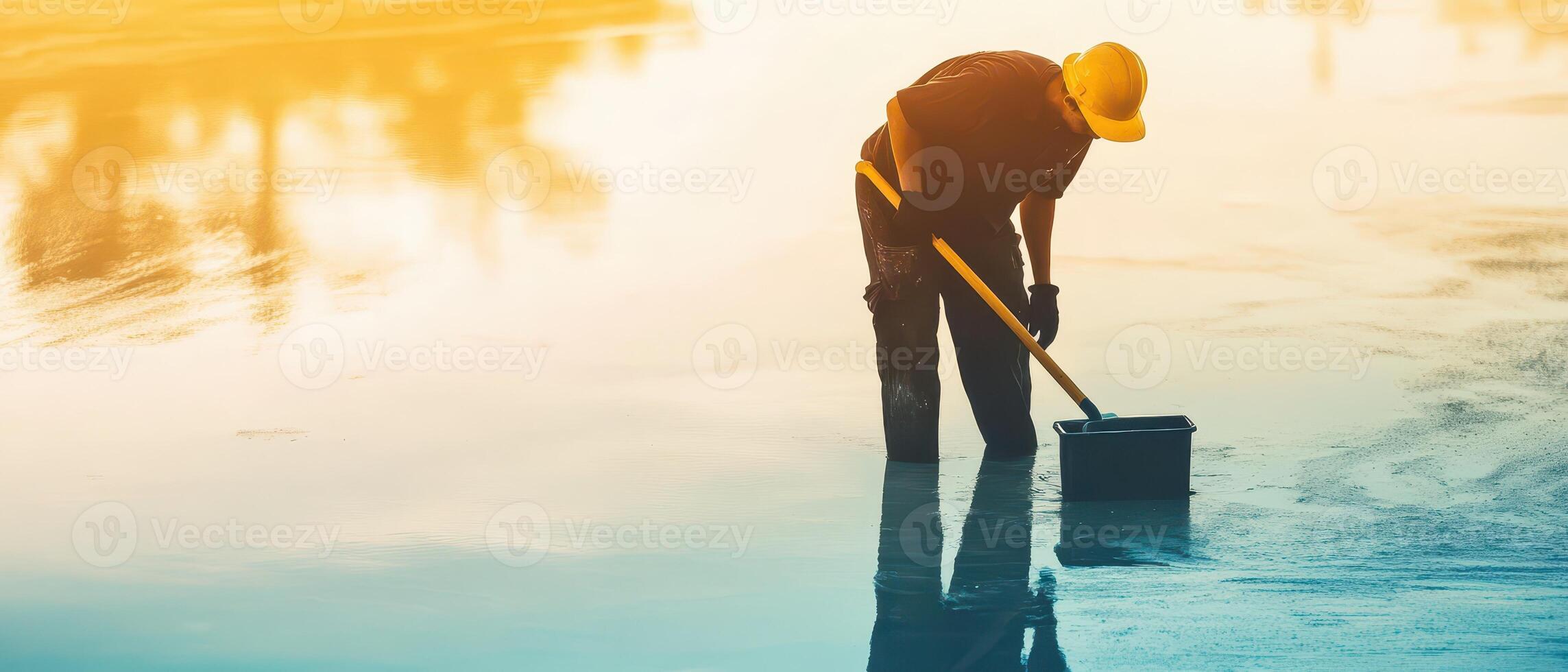 A person with a bucket and a shovel photo
