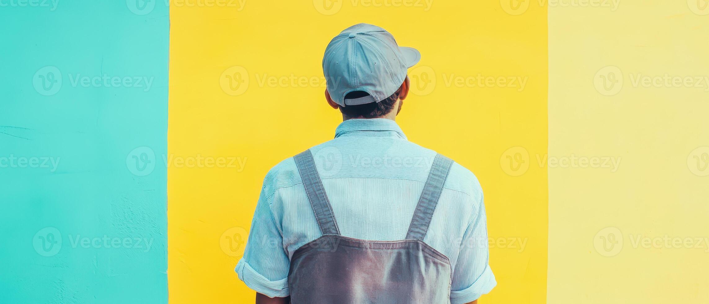A man in overalls standing in front of a colorful wall photo