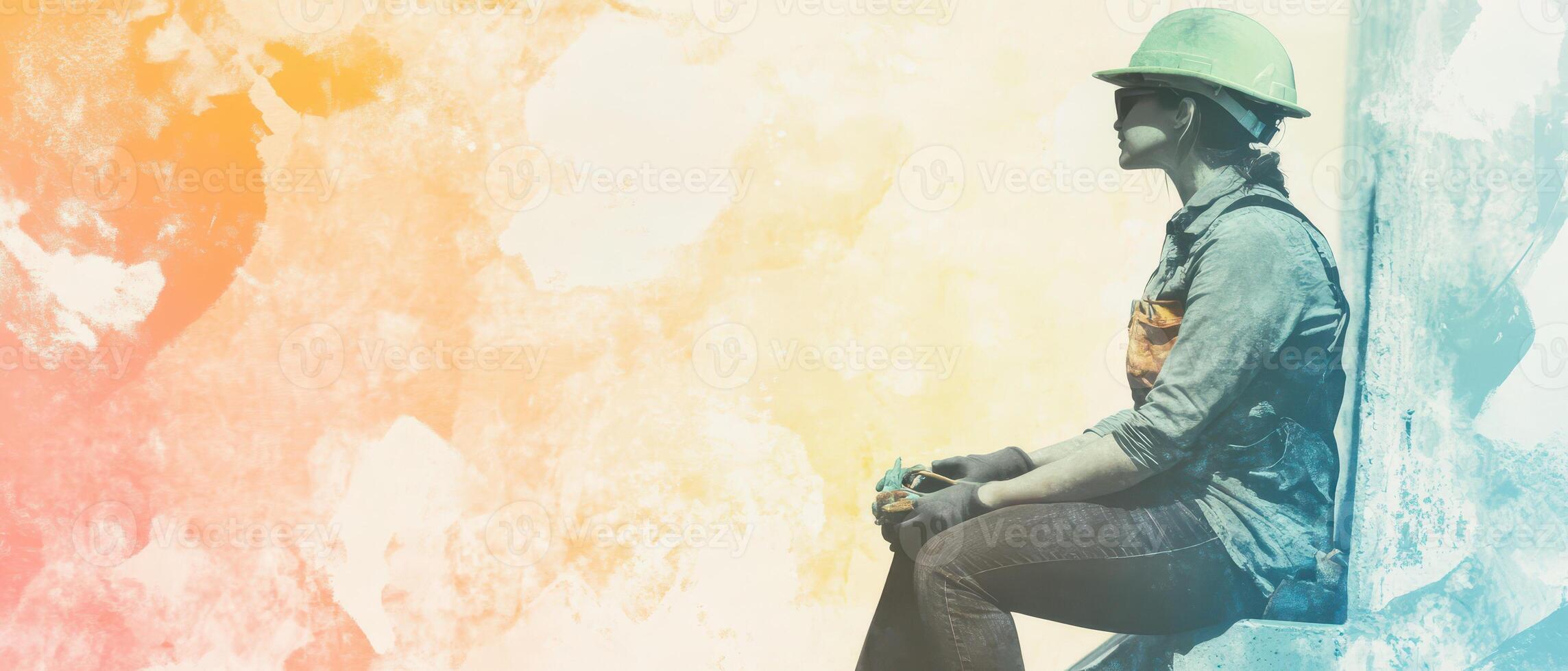 A woman sitting on a wall with a hard hat photo
