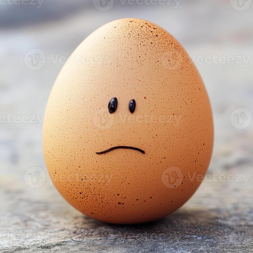 An egg with a sad face sitting on a table photo