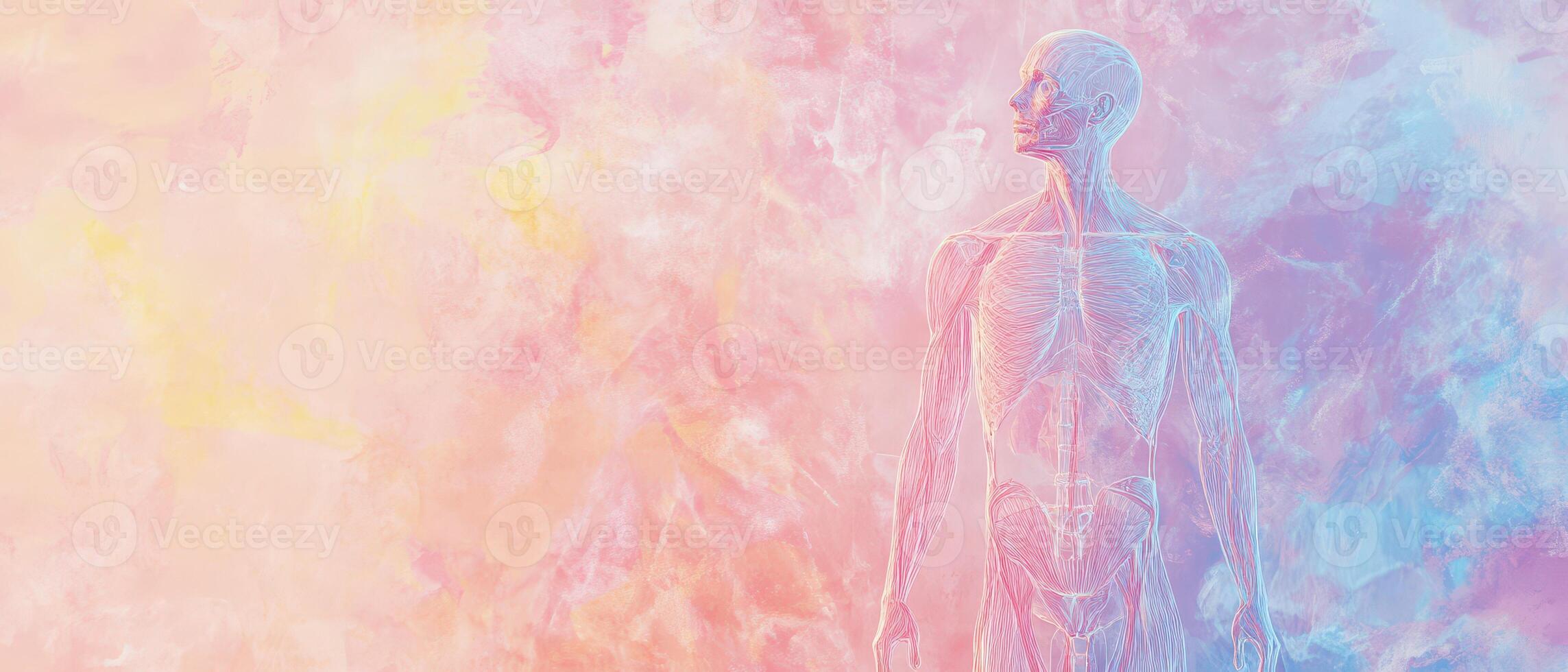 A digital image of a person standing in front of a colorful background photo