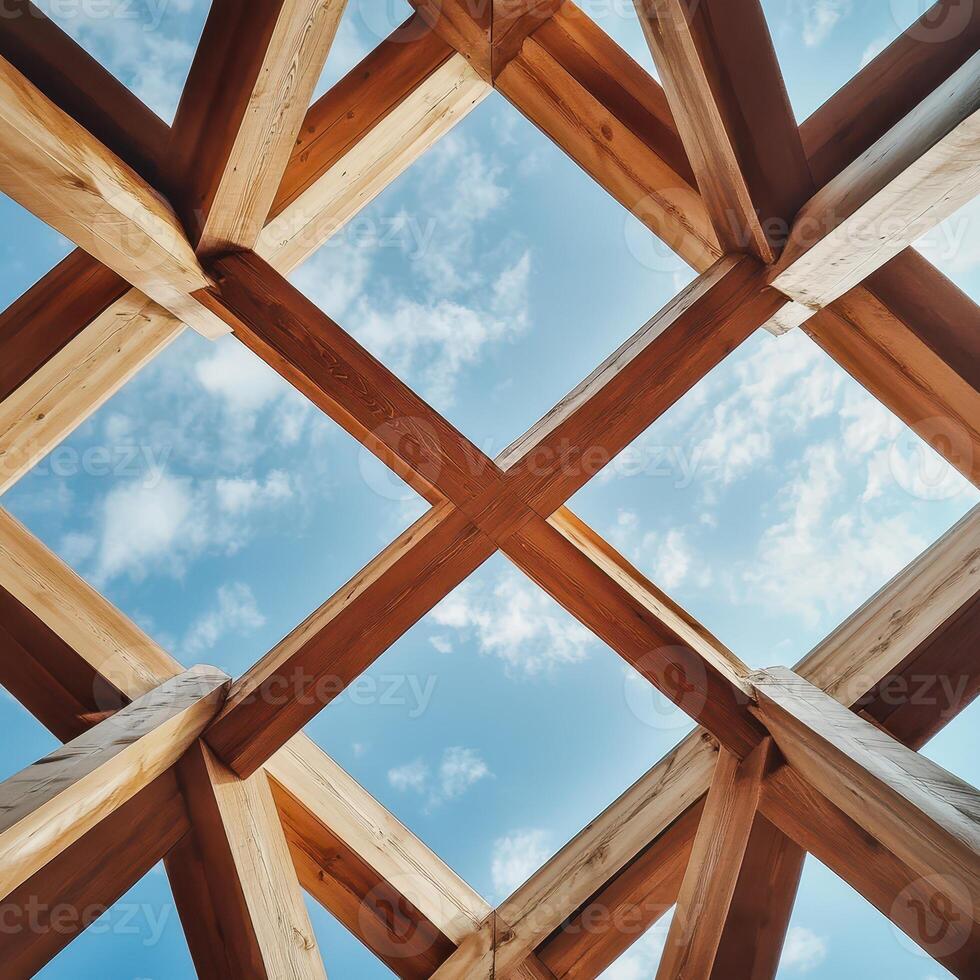 The sky and wooden beams in a roof photo