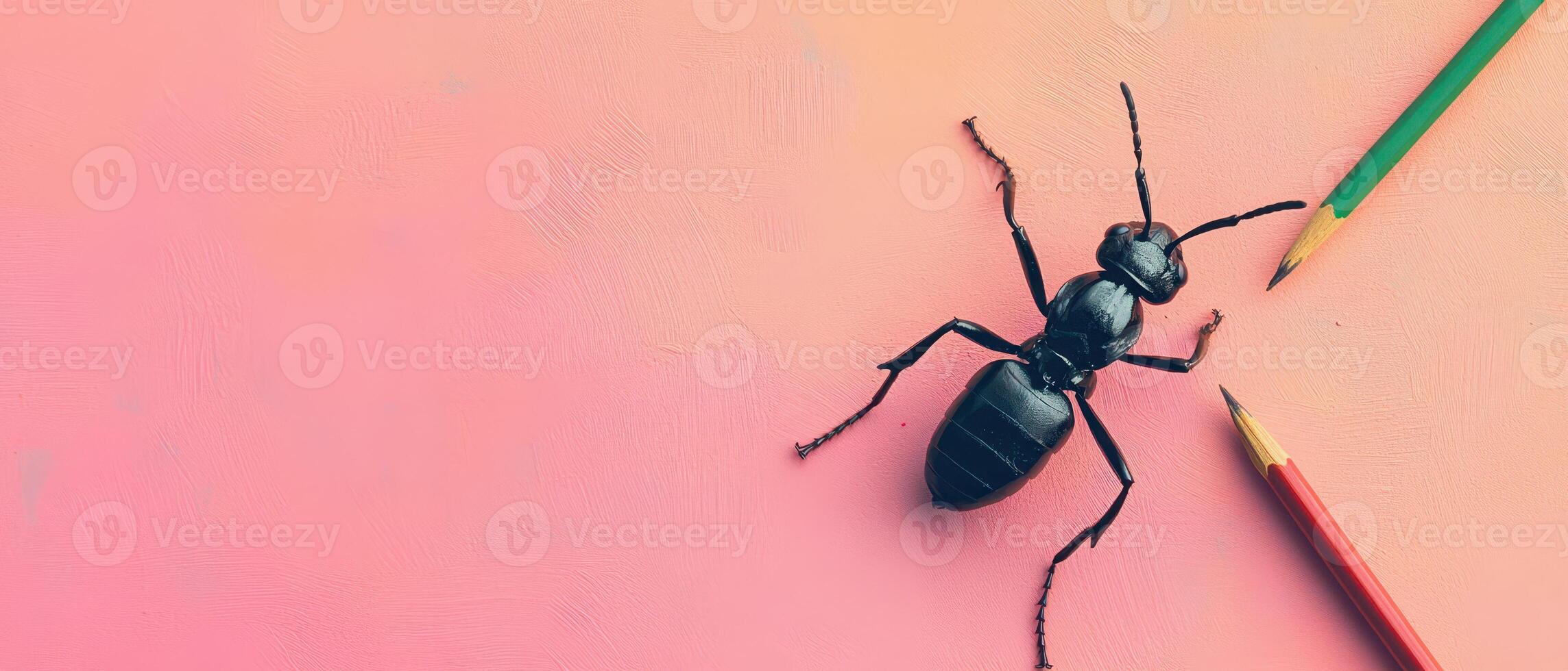 A black bug with a pencil on a pink background photo