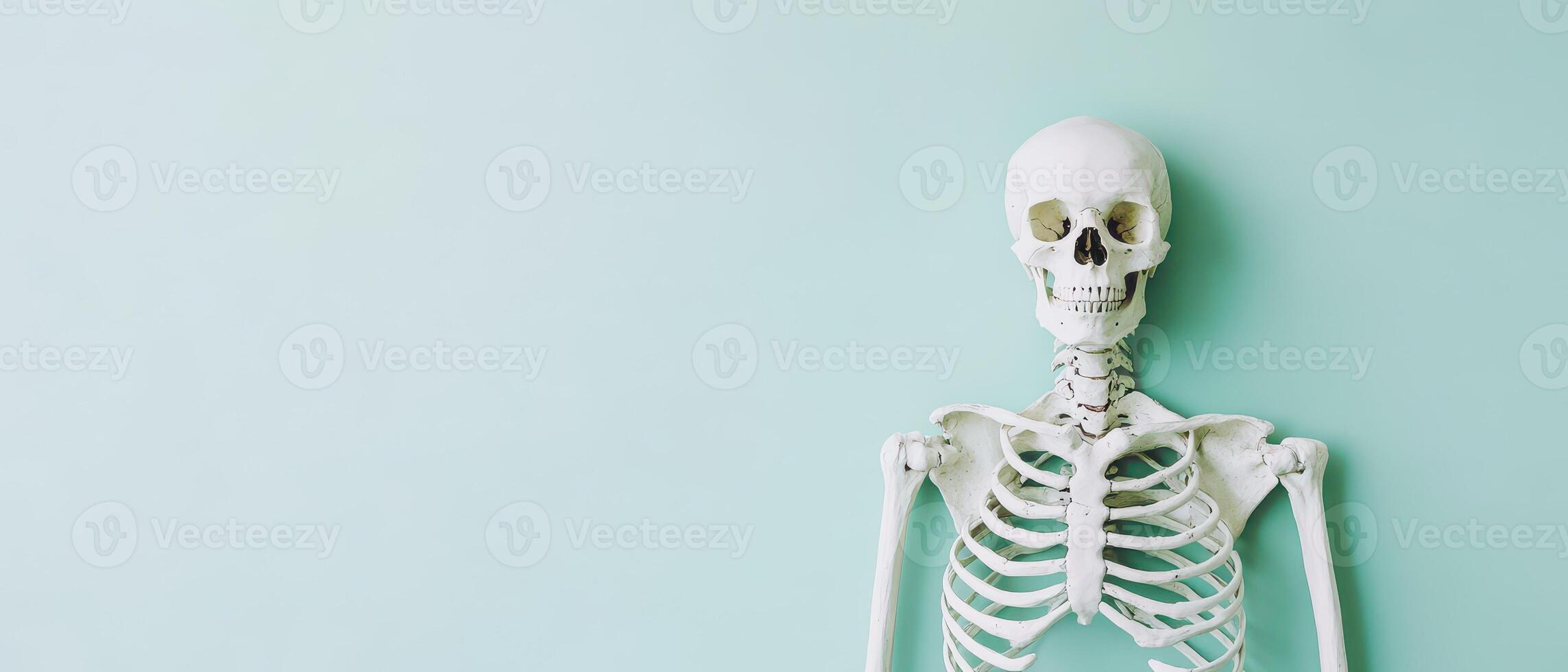 A skeleton is standing in front of a green wall photo