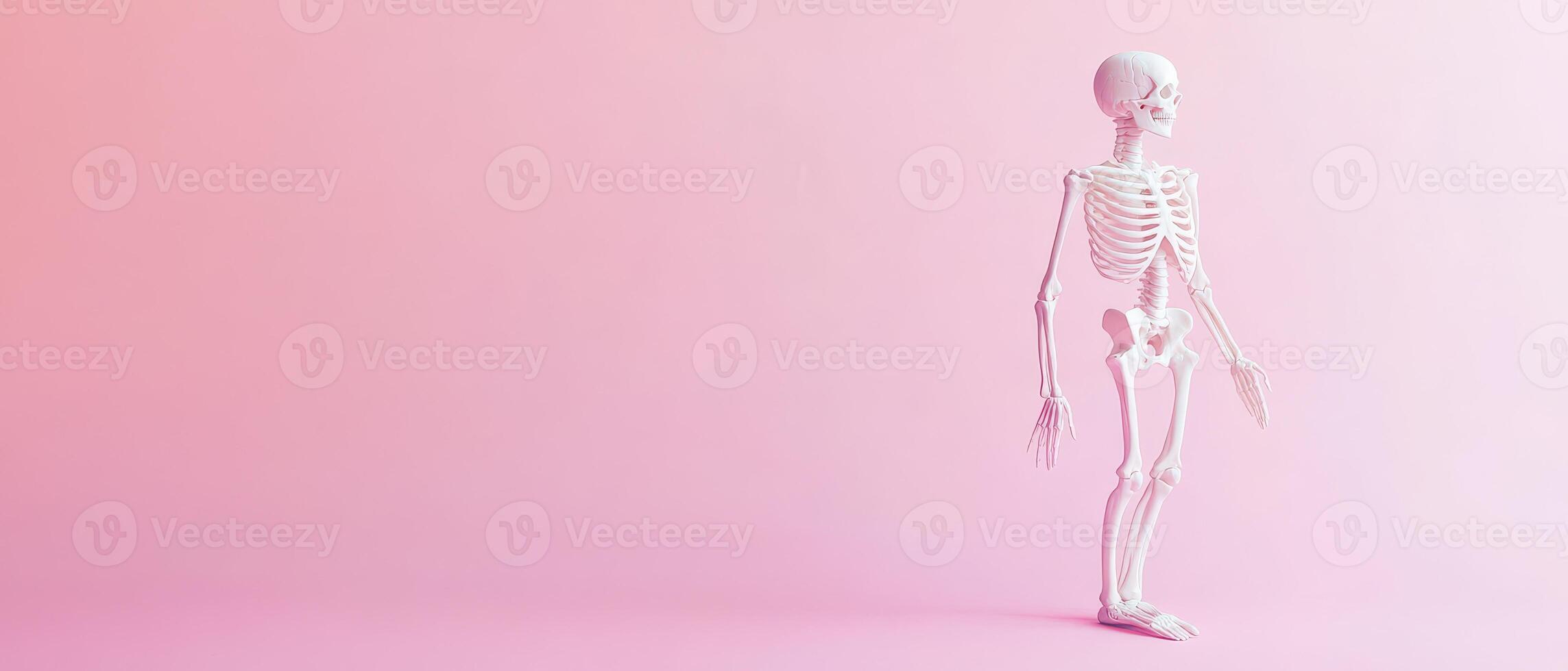 A skeleton standing on a pink background photo