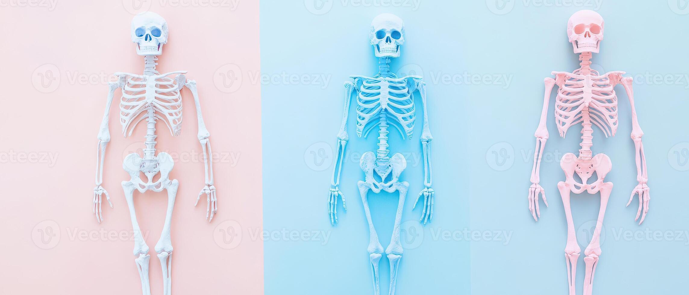 Three different colored skeletons on a blue and pink background photo