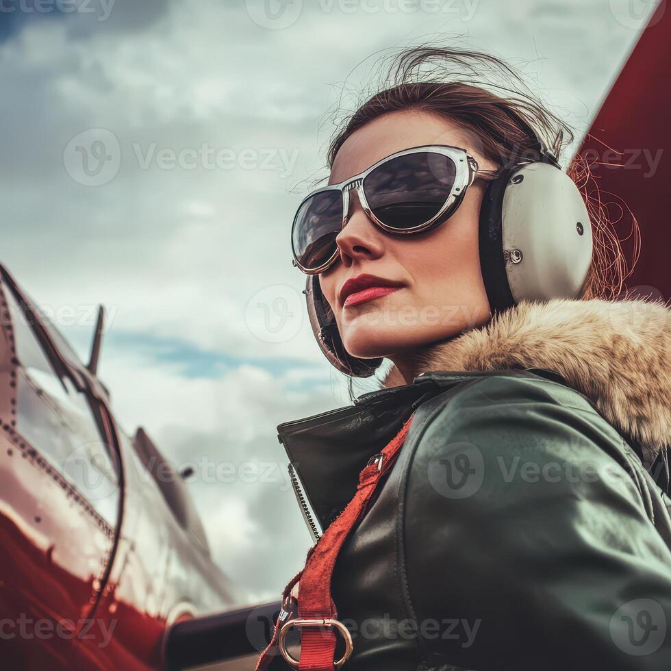 A woman in sunglasses and ear muffs is standing next to an airplane photo