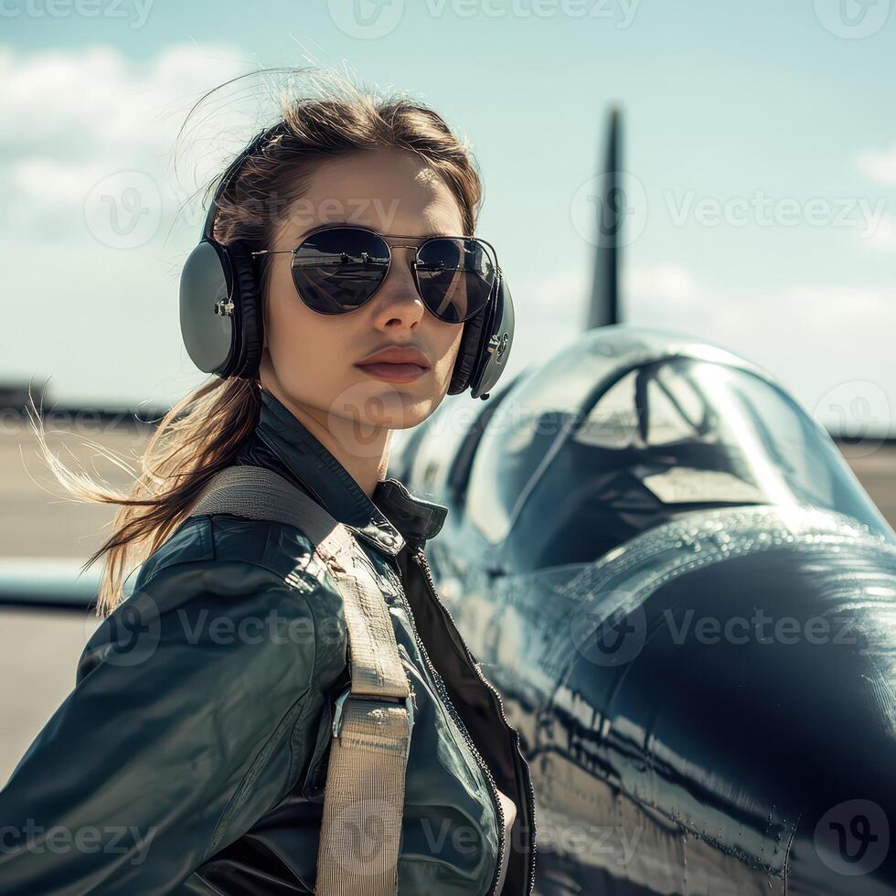 A woman in sunglasses and a leather jacket stands next to a fighter jet photo