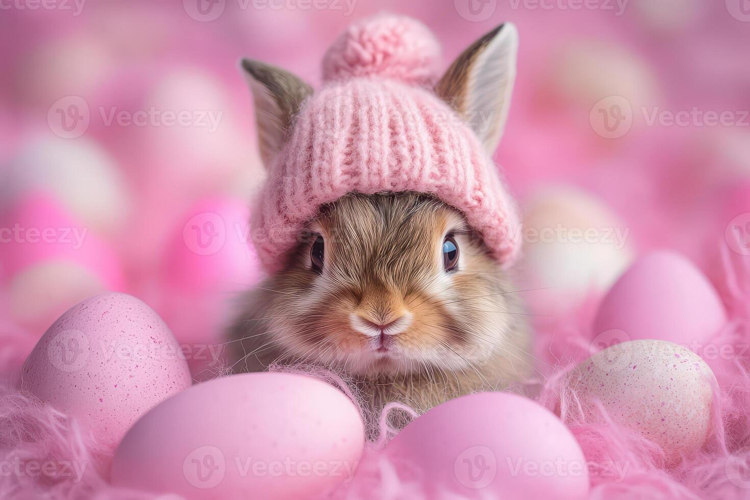 A cute little rabbit wearing a pink hat and pink eggs photo