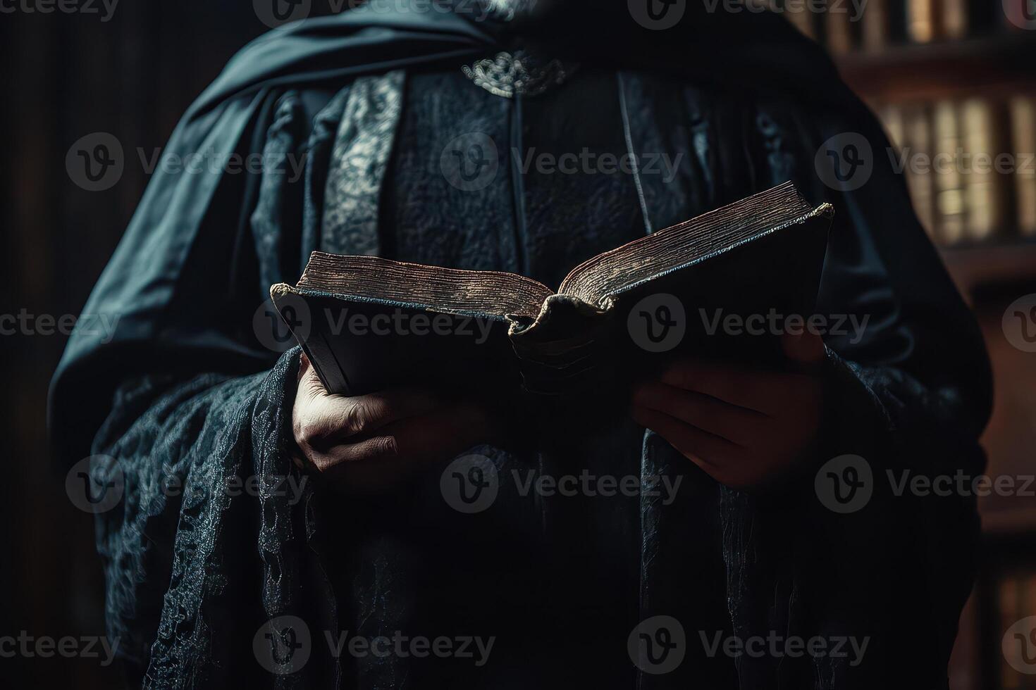 A man in a black robe holding an open book photo