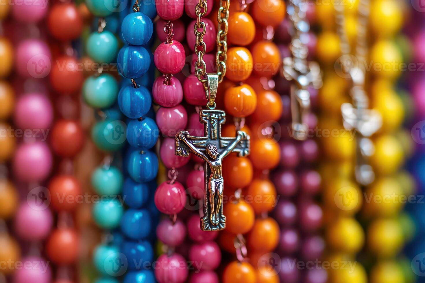 A row of colorful beads with a cross on it photo