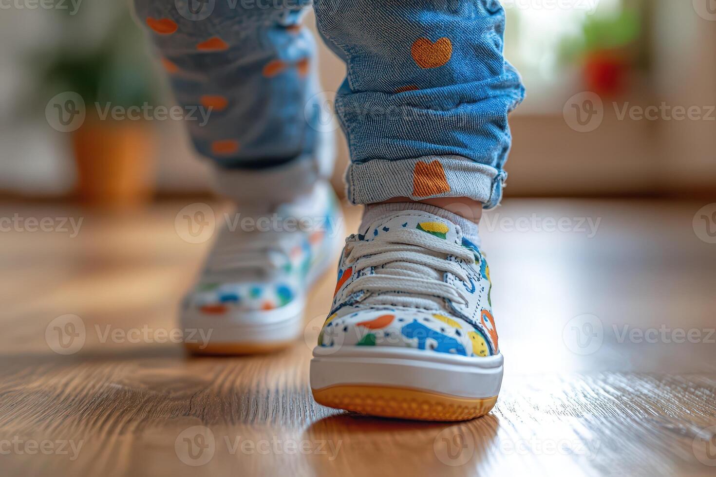 A child's feet in colorful shoes walking on a wooden floor photo