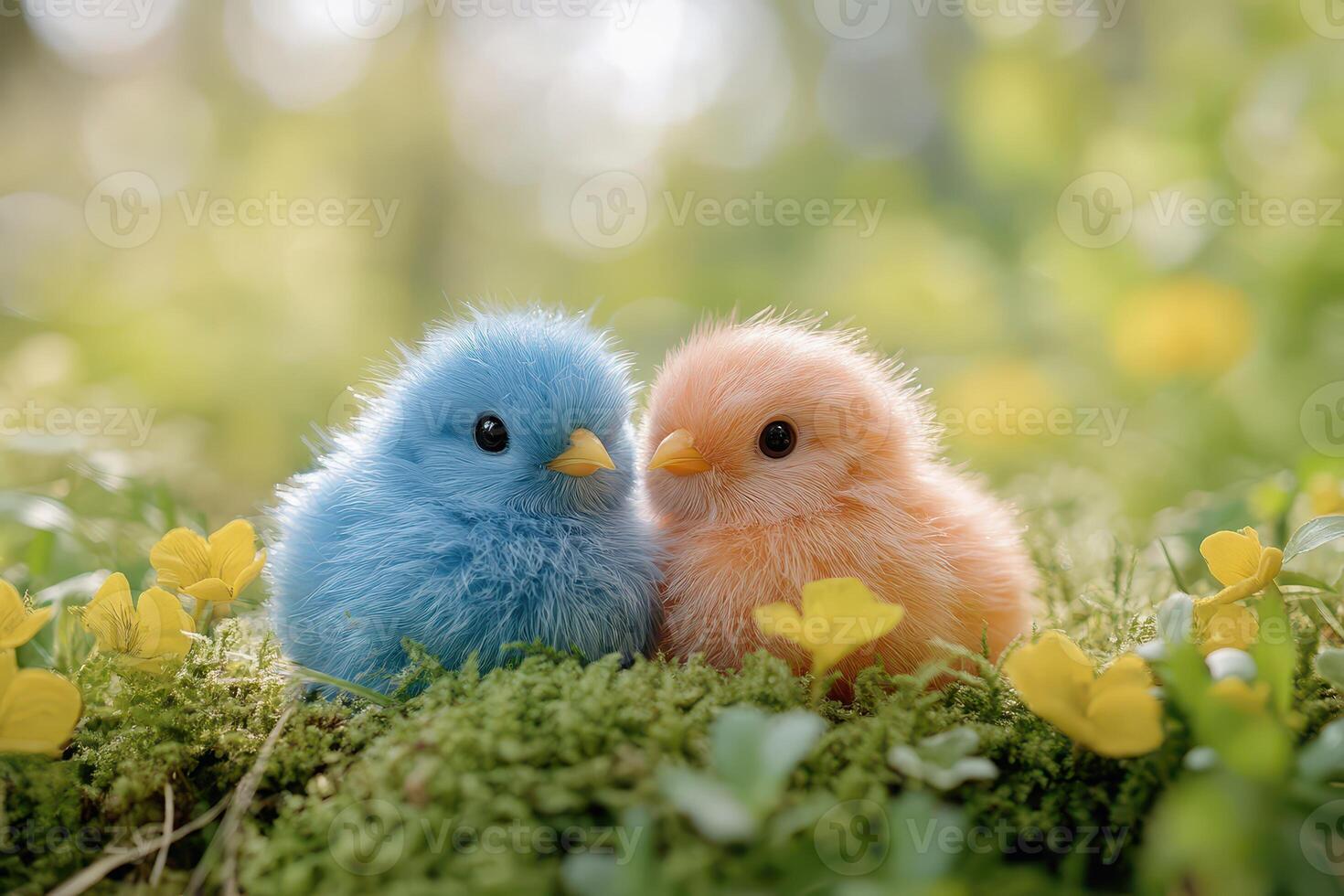 Two cute little birds sitting on top of a green grassy field photo