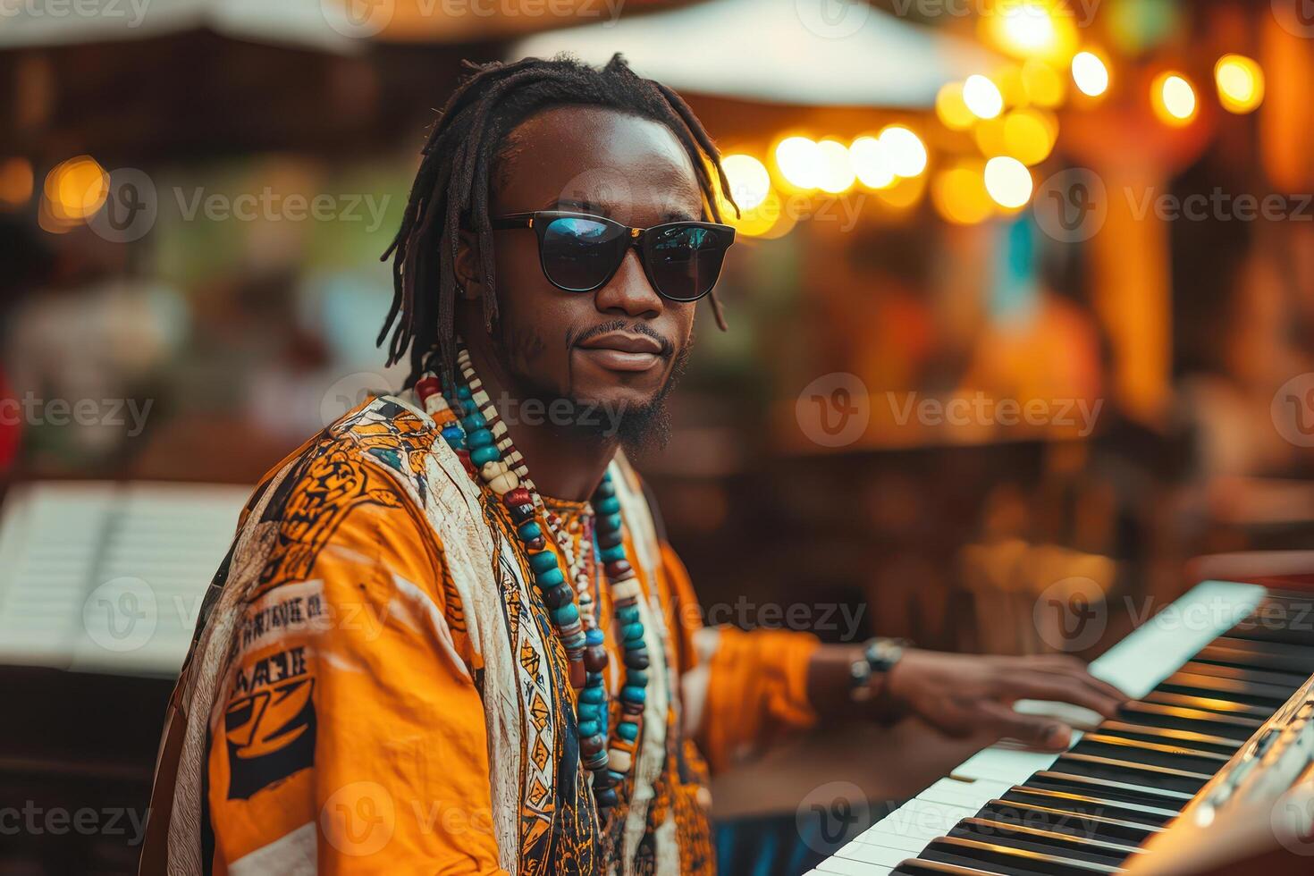 A man with dreadlocks playing an electronic keyboard photo