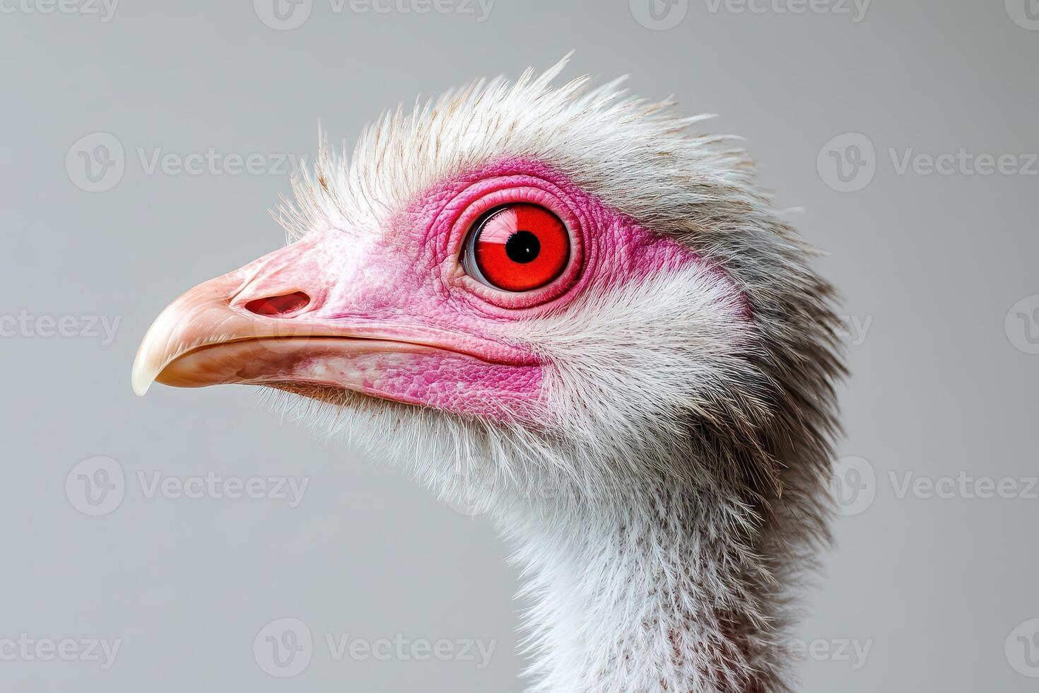 An ostrich with pink eyes and a white head photo