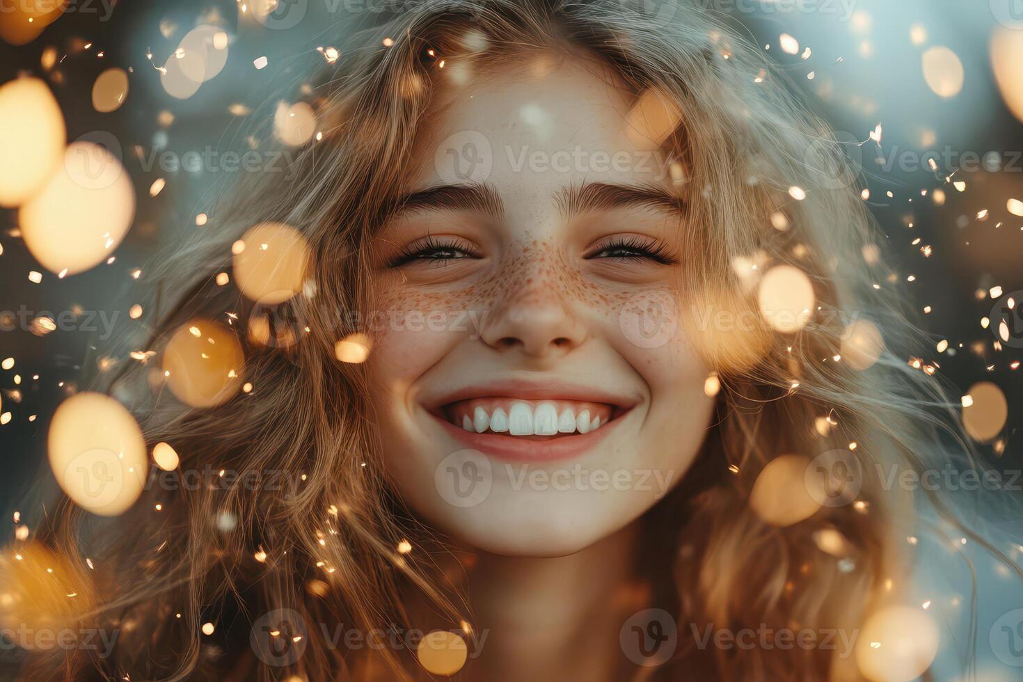 A woman with long hair smiling in front of a background of lights photo