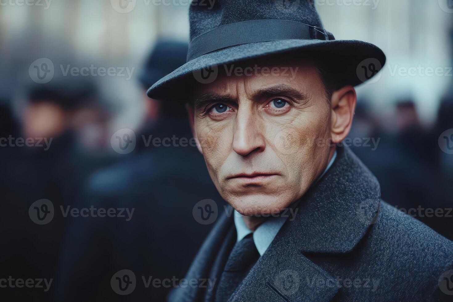 A man in a suit and hat looks into the camera photo